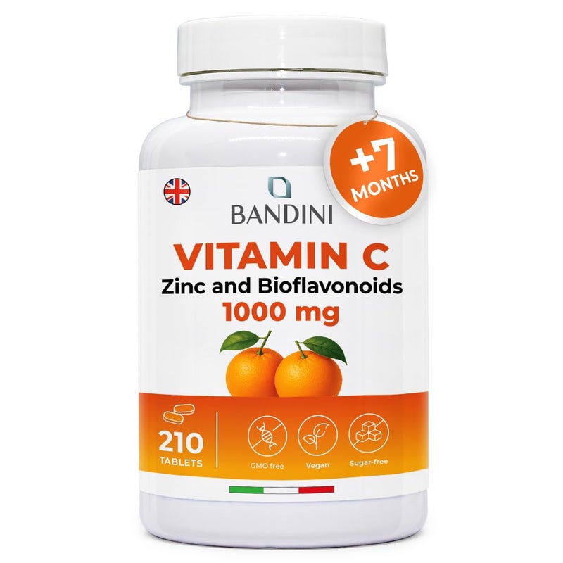 BandiniÂ® Vitamin C 1000mg + Zinc + Bioflavonoids | 1 Tablet per Day | Supports Immune System & Reduces Fatigue | Skin, Bones, Nails, Hair | High Strength Supplement with Pure Vit C | 210 Vegan Tablets
